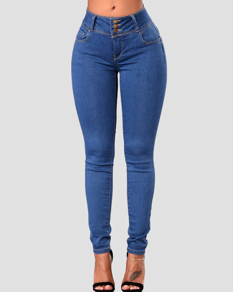 Damen Skinny Jeans mit Mittlerer Taille und Hoher Stretch Hose mit Mehreren Knöpfen