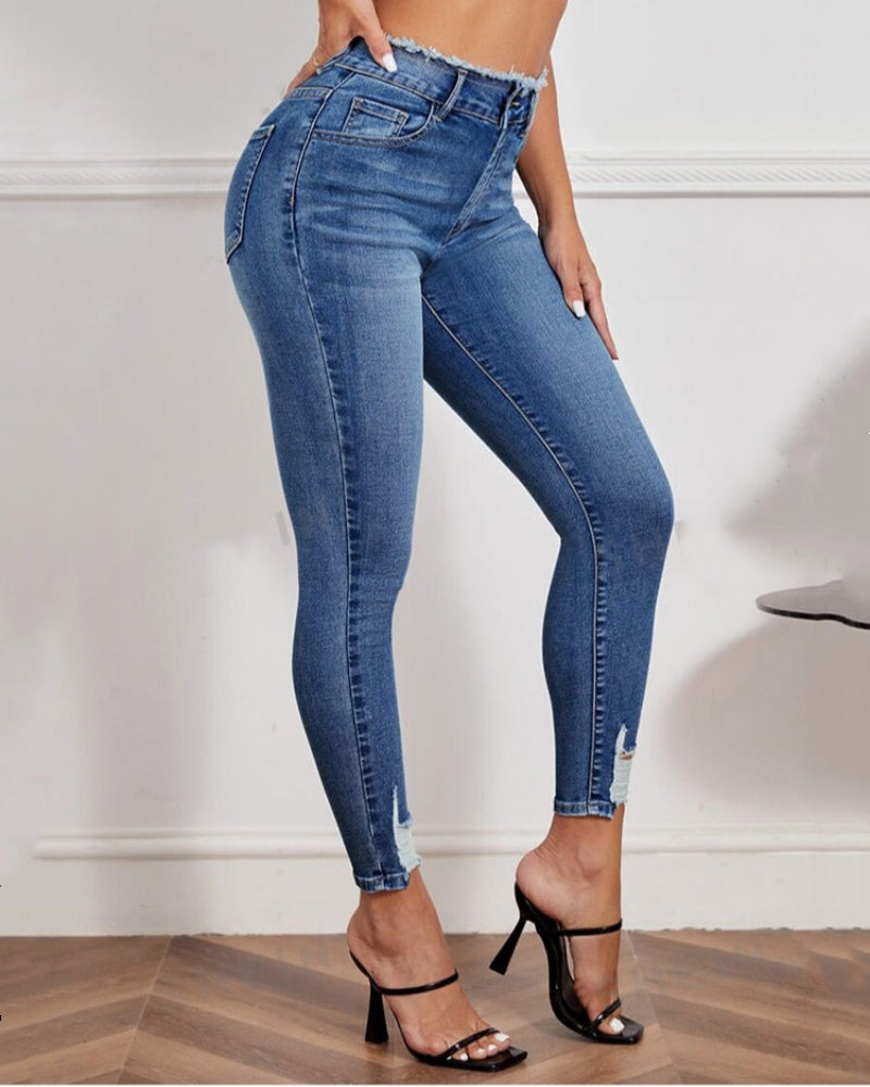 Pfirsichfarbene Zerrissene Elastische Skinny Jeans mit Hoher Taille und Hüftbetonung