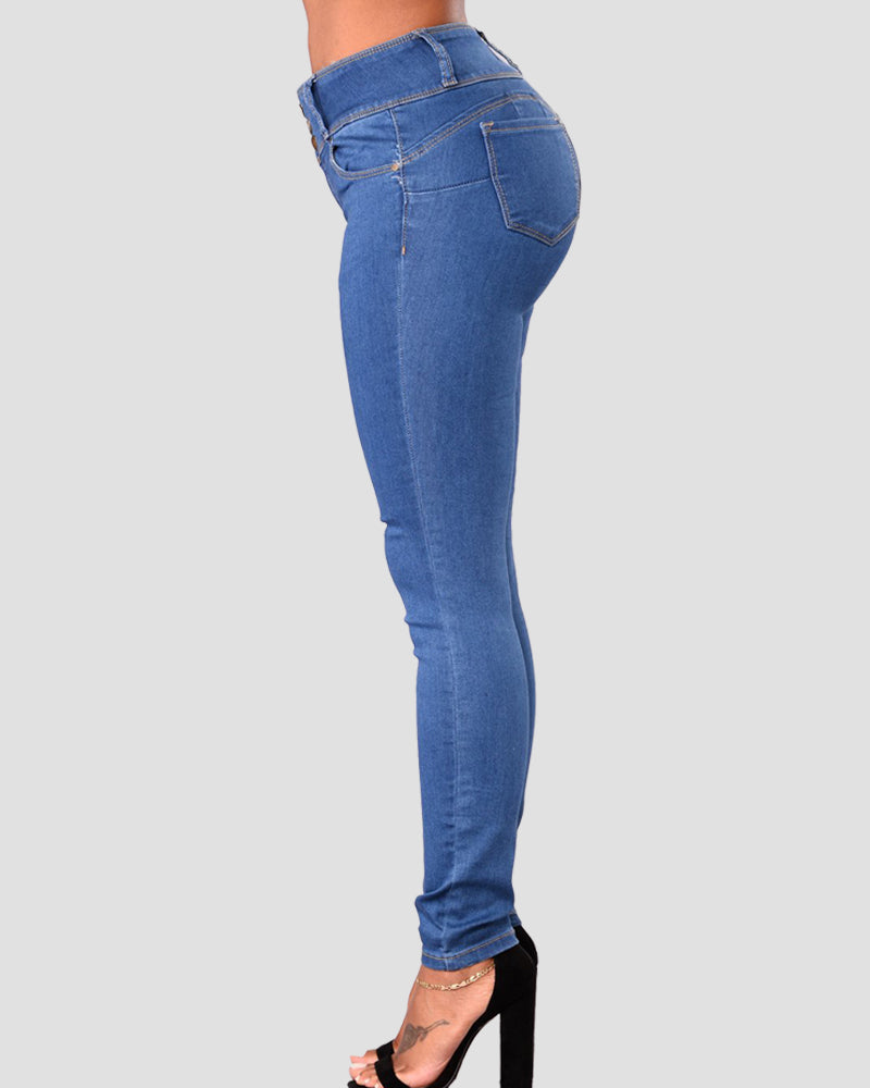 Damen Skinny Jeans mit Mittlerer Taille und Hoher Stretch Hose mit Mehreren Knöpfen