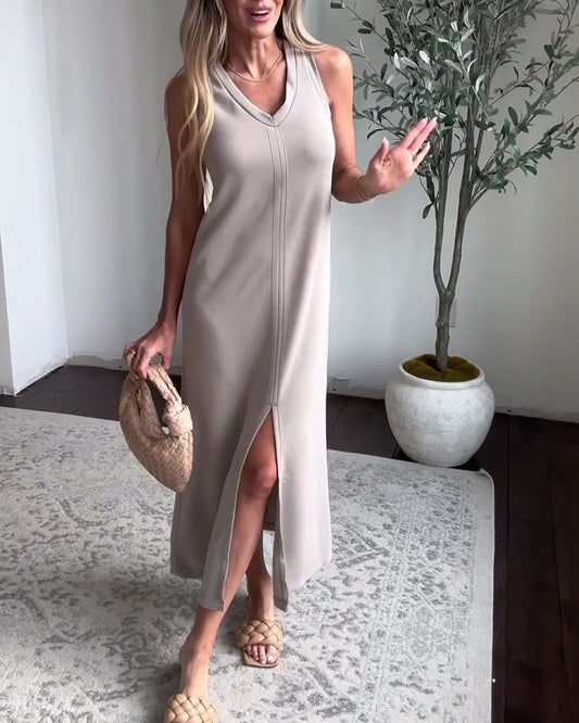 Kleid V-Ausschnitt Ärmellos Einfarbig Einfach