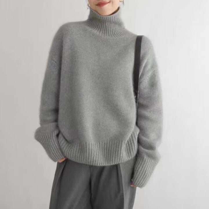 Damen Herbst Rollkragenpullover Dick Gestrickt Langarm Unifarbener Pullover