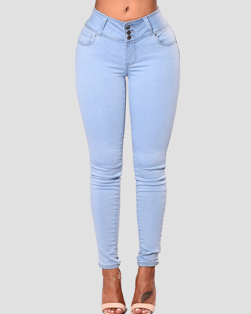 Damen Skinny Jeans mit Mittlerer Taille und Hoher Stretch Hose mit Mehreren Knöpfen