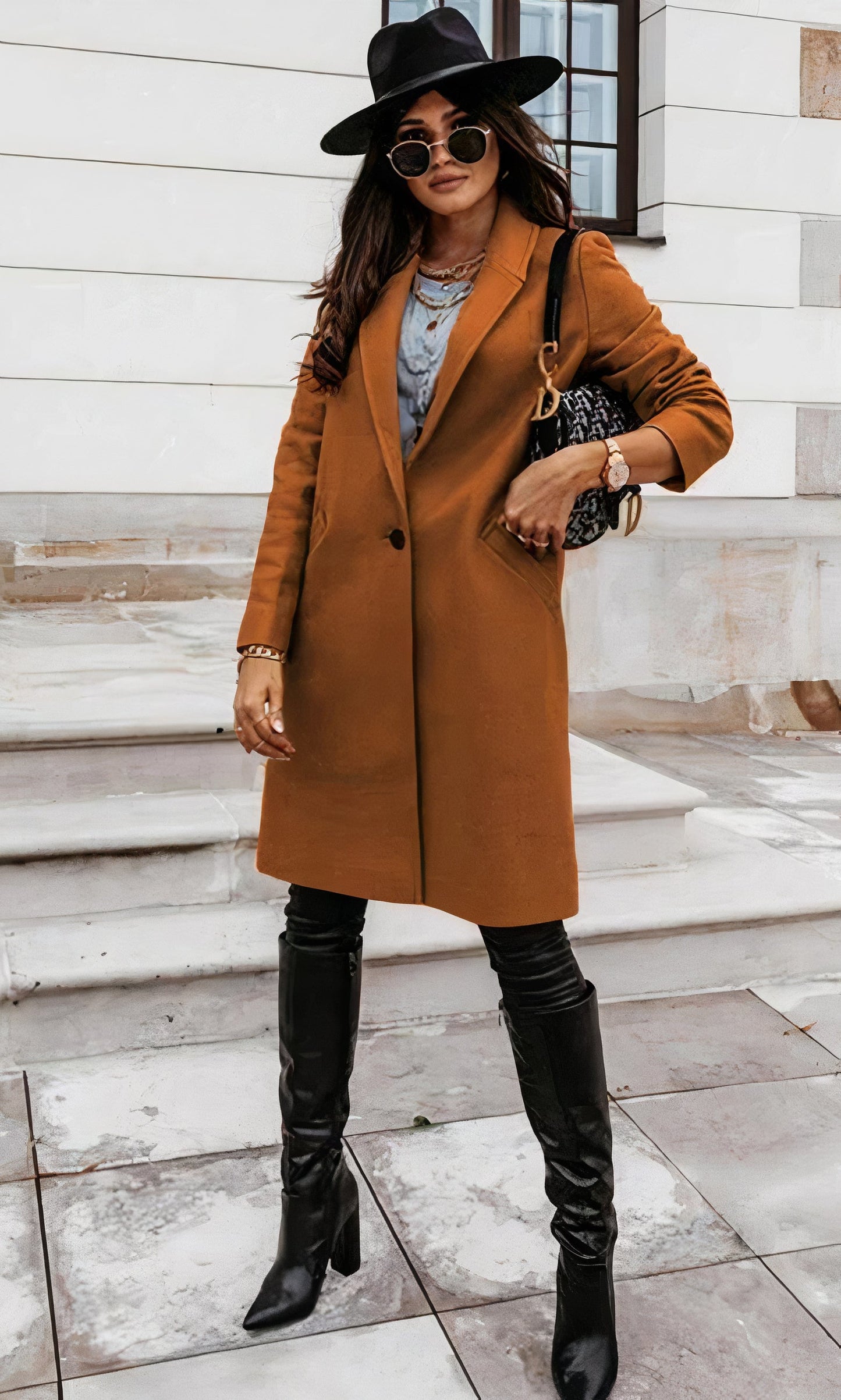 Damen Winter Langmantel Taillierte Passform Klassischer Kragen Knopfleiste