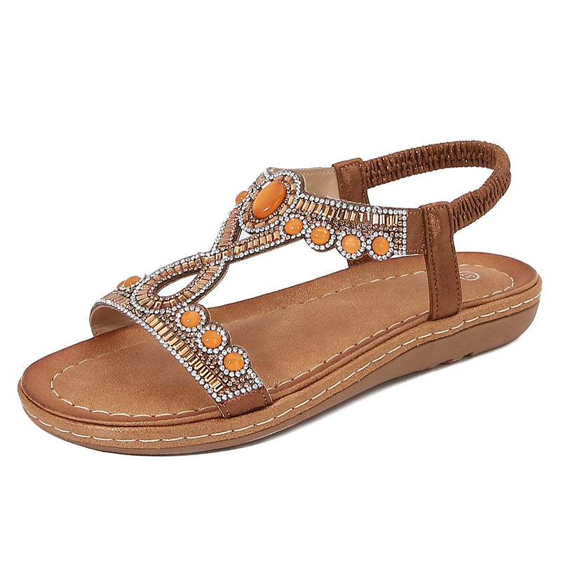 Damen Leder Sandalen mit Boho Kristall Riemen