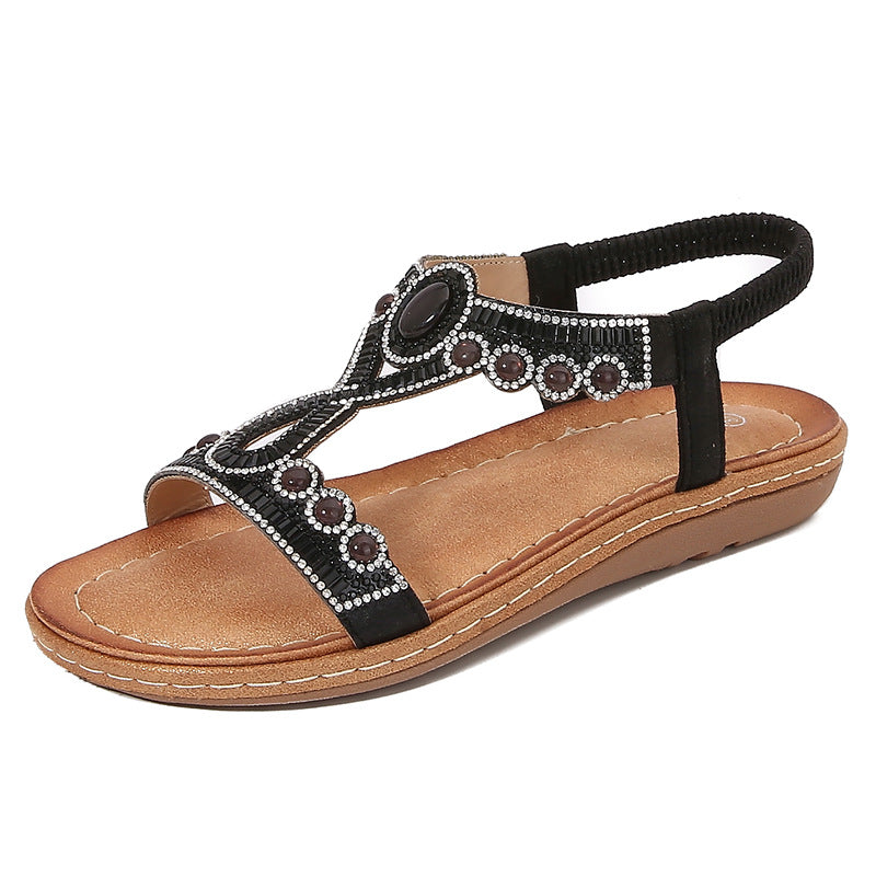 Damen Leder Sandalen mit Boho Kristall Riemen