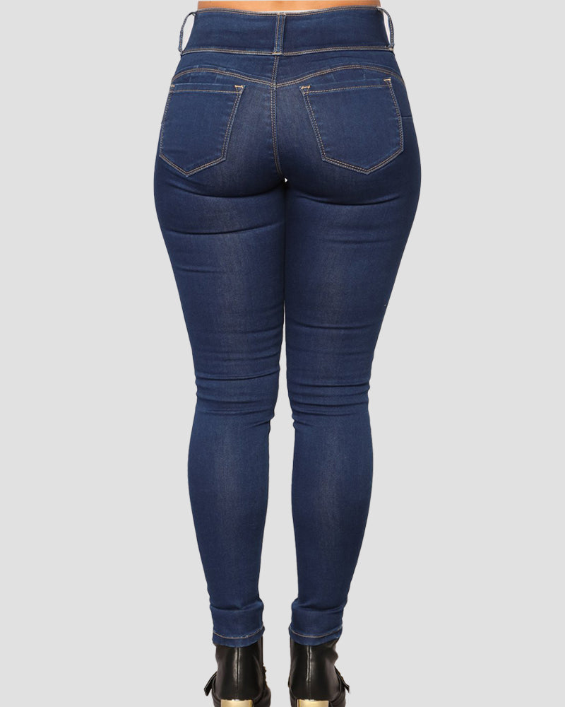 Damen Skinny Jeans mit Mittlerer Taille und Hoher Stretch Hose mit Mehreren Knöpfen