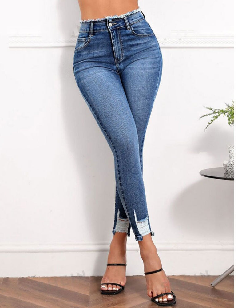 Pfirsichfarbene Zerrissene Elastische Skinny Jeans mit Hoher Taille und Hüftbetonung