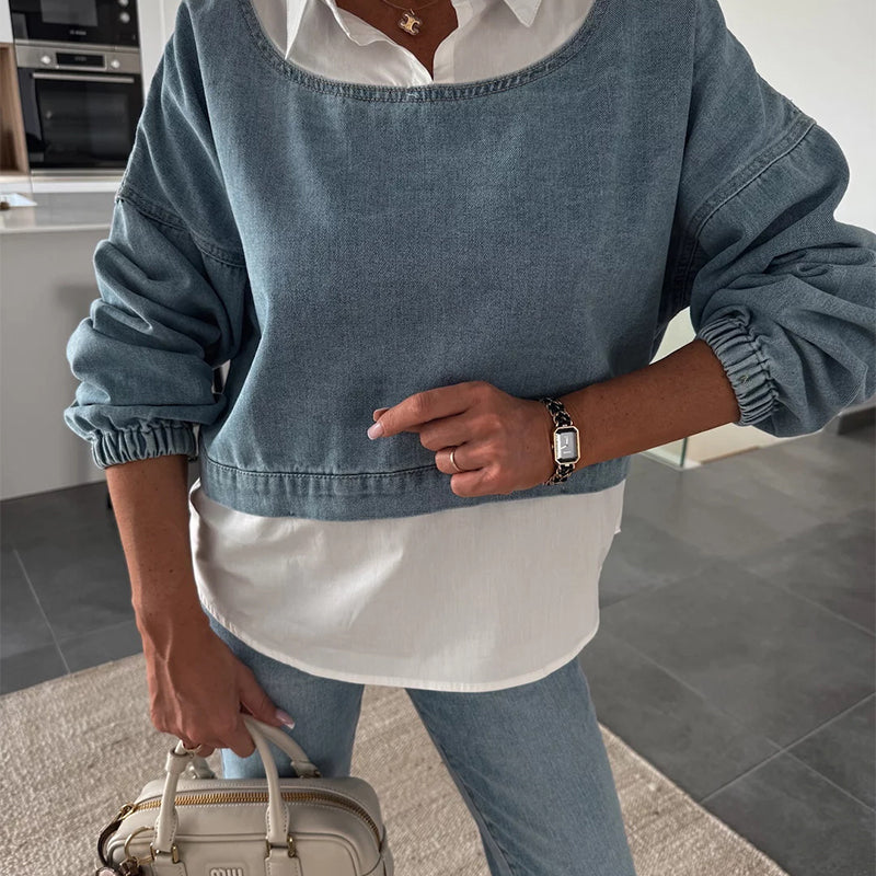 Modisches zweiteiliges Set aus langärmligem Jeansoberteil und Hose für Damen