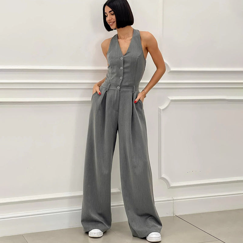 Andrea | Ärmelloser Damen-Jumpsuit mit Knopfleiste vorne