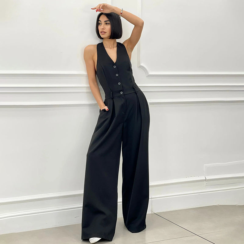 Andrea | Ärmelloser Damen-Jumpsuit mit Knopfleiste vorne
