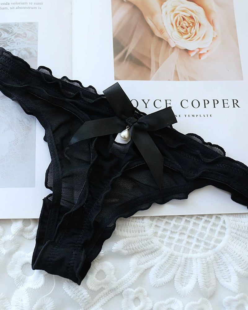 Damen Sexy Mesh Perlen Tanga Niedrige Taille Schleifen Unterwäsche