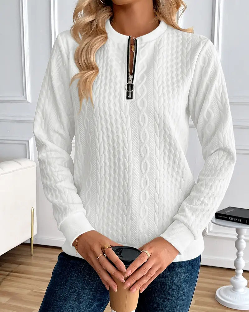 Sweatshirt Reißverschluss Zopfmuster Langarm