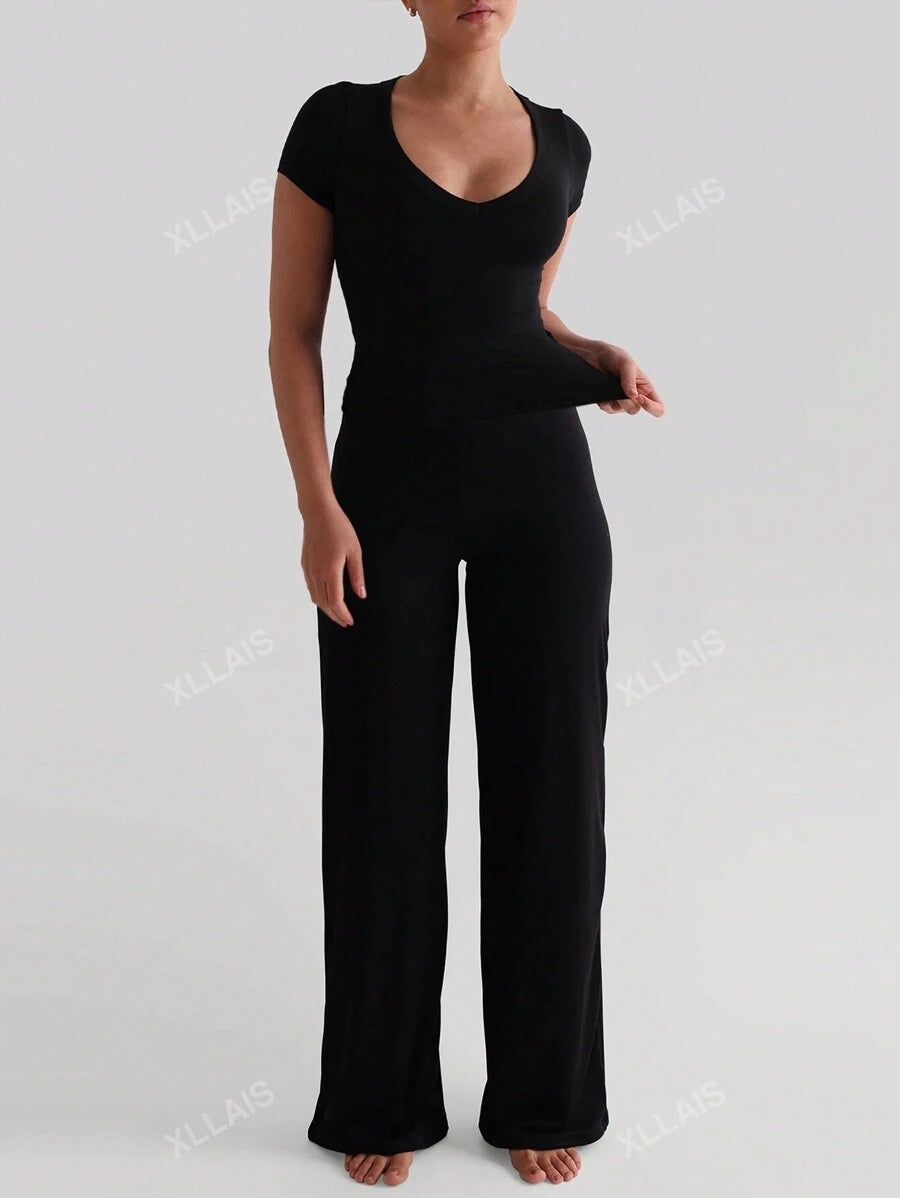 Damenhose Mode Elastisch Hohe Taille Lange Gerade Bein Hose