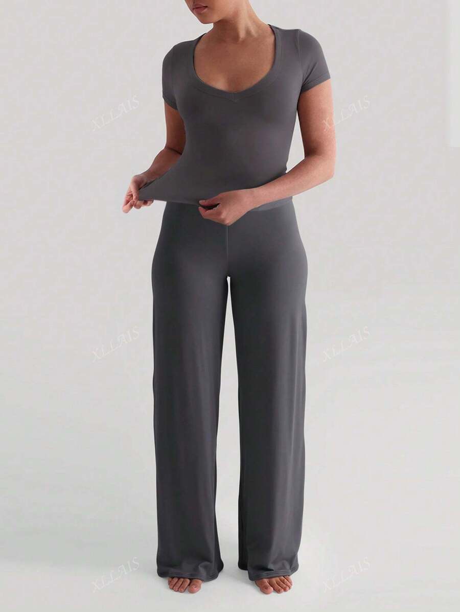 Damenhose Mode Elastisch Hohe Taille Lange Gerade Bein Hose