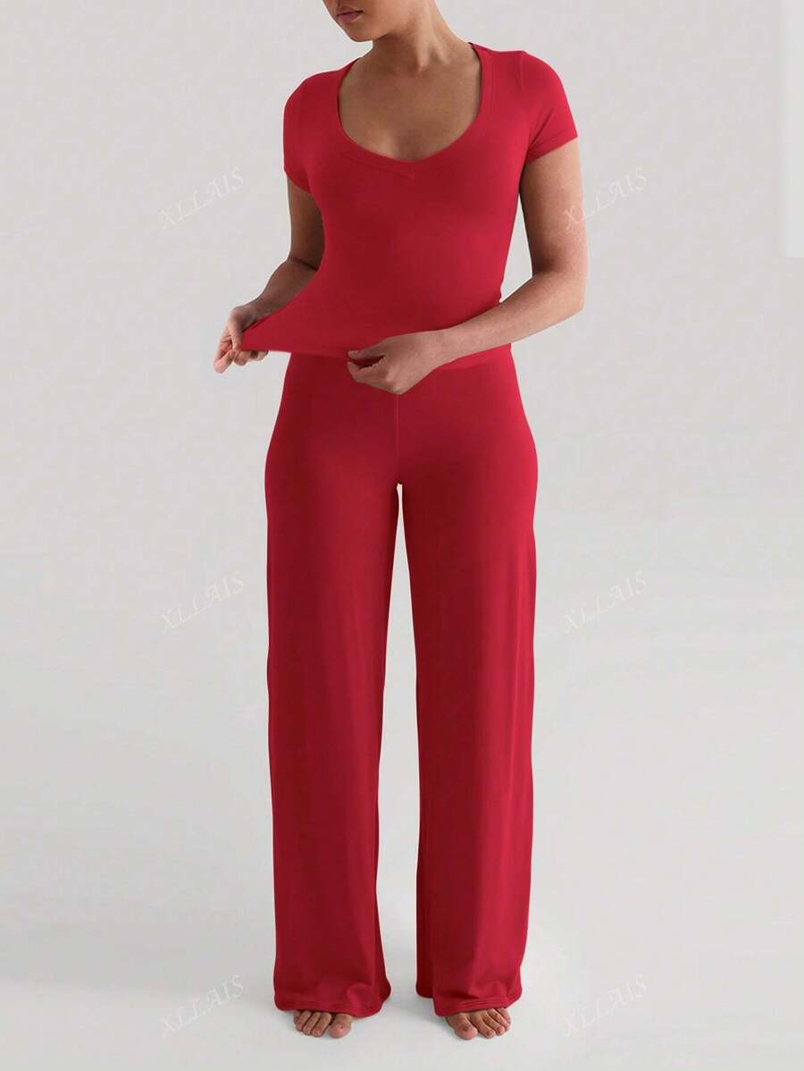 Damenhose Mode Elastisch Hohe Taille Lange Gerade Bein Hose