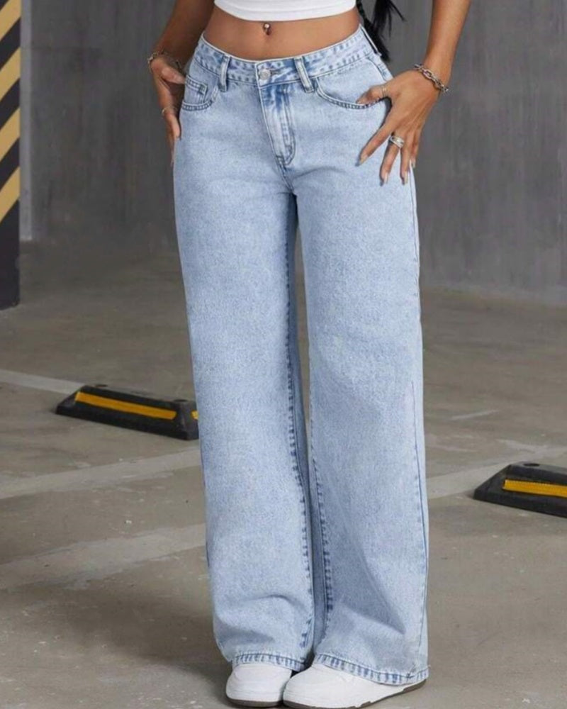 Lässige Verwaschene Jeans mit Weitem Bein und Bestickter Schleifentasche Passend zu Allen Outfits