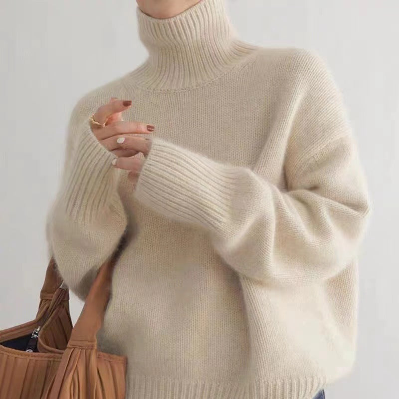 Damen Herbst Rollkragenpullover Dick Gestrickt Langarm Unifarbener Pullover