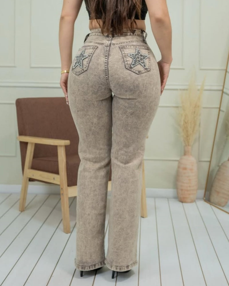 Verwaschene High Waist Hosen mit Sternmuster