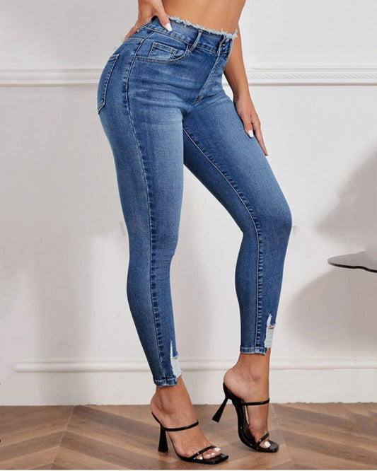 Pfirsichfarbene Zerrissene Elastische Skinny Jeans mit Hoher Taille und Hüftbetonung