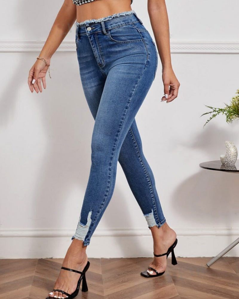 Pfirsichfarbene Zerrissene Elastische Skinny Jeans mit Hoher Taille und Hüftbetonung