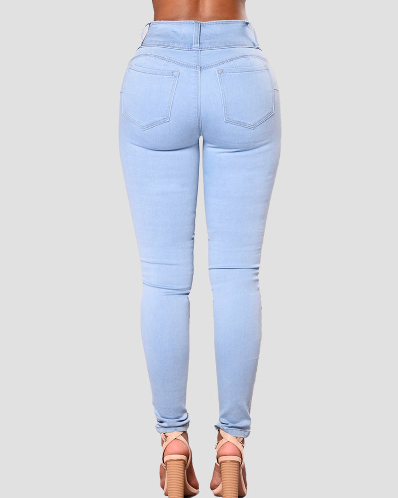 Damen Skinny Jeans mit Mittlerer Taille und Hoher Stretch Hose mit Mehreren Knöpfen