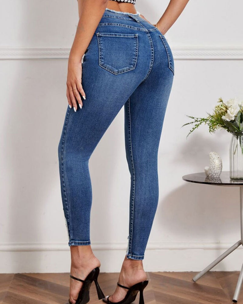 Pfirsichfarbene Zerrissene Elastische Skinny Jeans mit Hoher Taille und Hüftbetonung