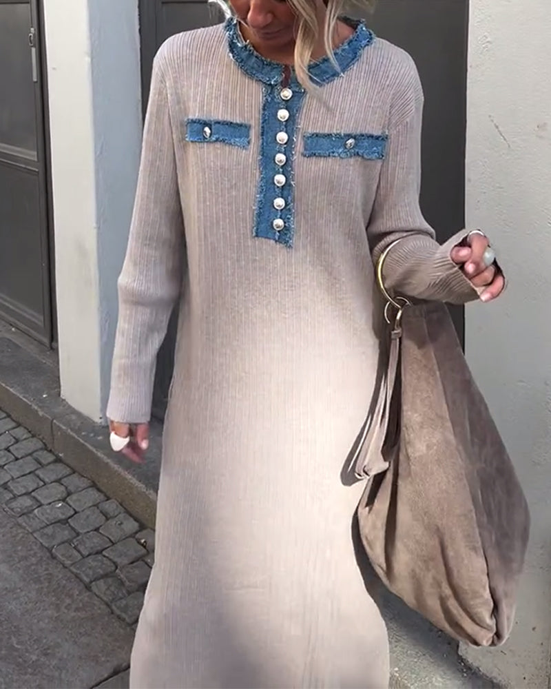 Kleid Denim Patchwork Rundhals Gestrickt