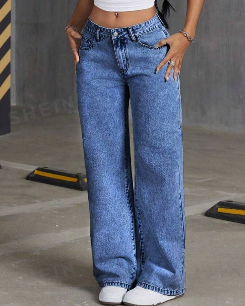 Lässige Verwaschene Jeans mit Weitem Bein und Bestickter Schleifentasche Passend zu Allen Outfits