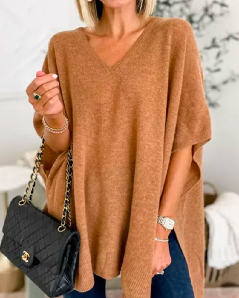 Erica - Einfarbiger Poncho-Pullover mit V-Ausschnitt und lockerer Passform
