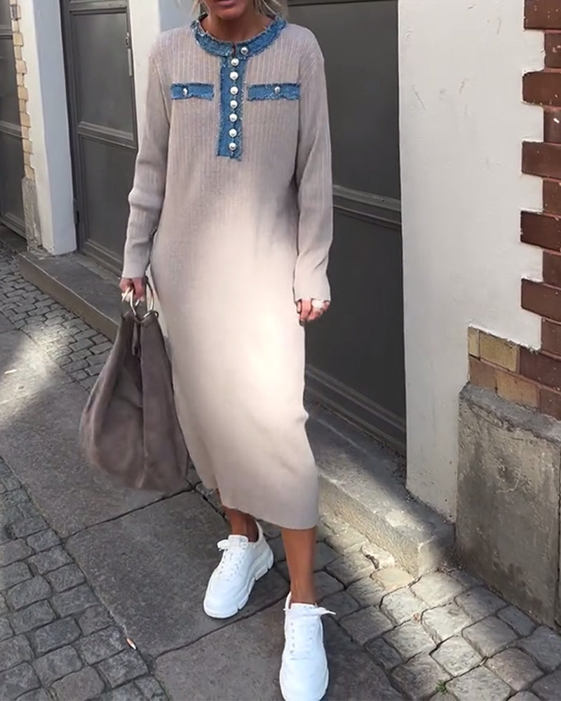 Kleid Denim Patchwork Rundhals Gestrickt