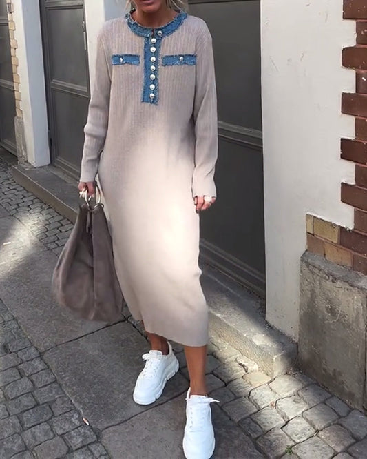 Kleid Denim Patchwork Rundhals Gestrickt