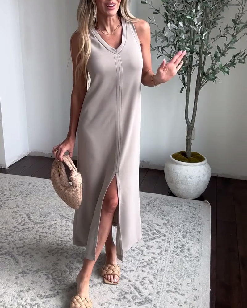 Kleid V-Ausschnitt Ärmellos Einfarbig Einfach