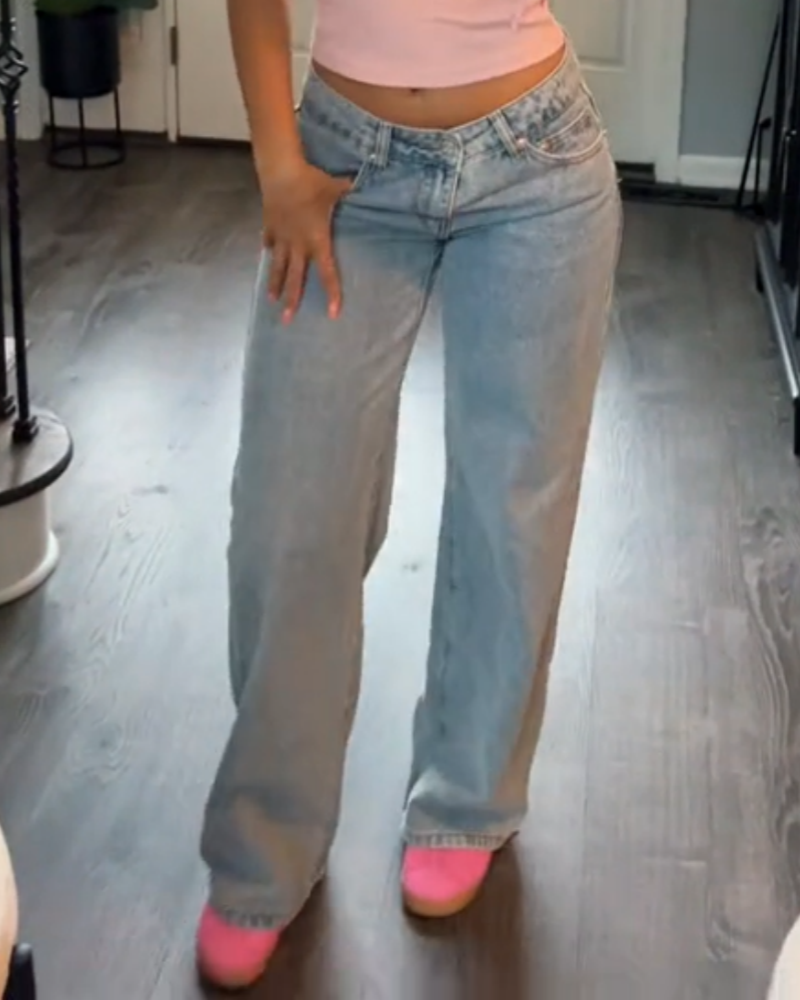 Lässige Verwaschene Jeans mit Weitem Bein und Bestickter Schleifentasche Passend zu Allen Outfits