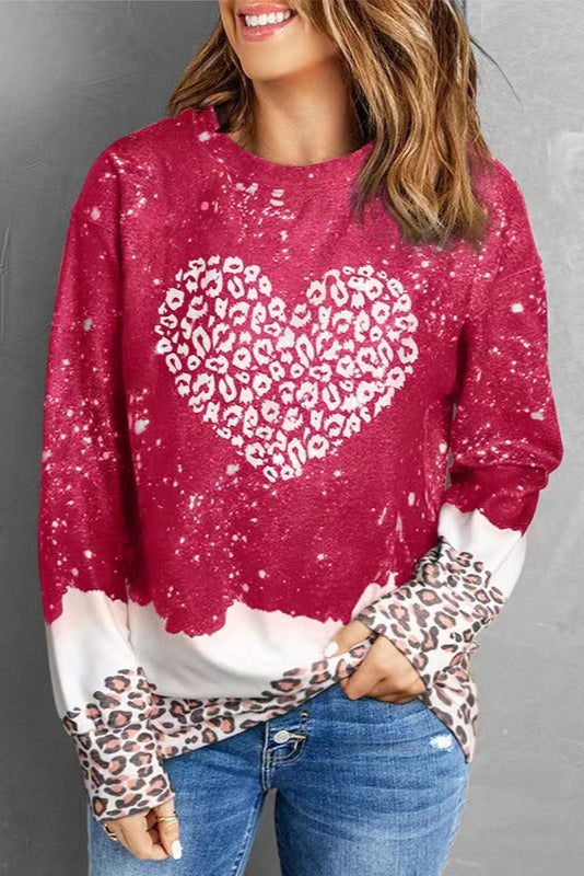 Damen Herbst Pullover mit Leopardenmuster, lockerer Passform, mittlerer Länge und Batik-Details