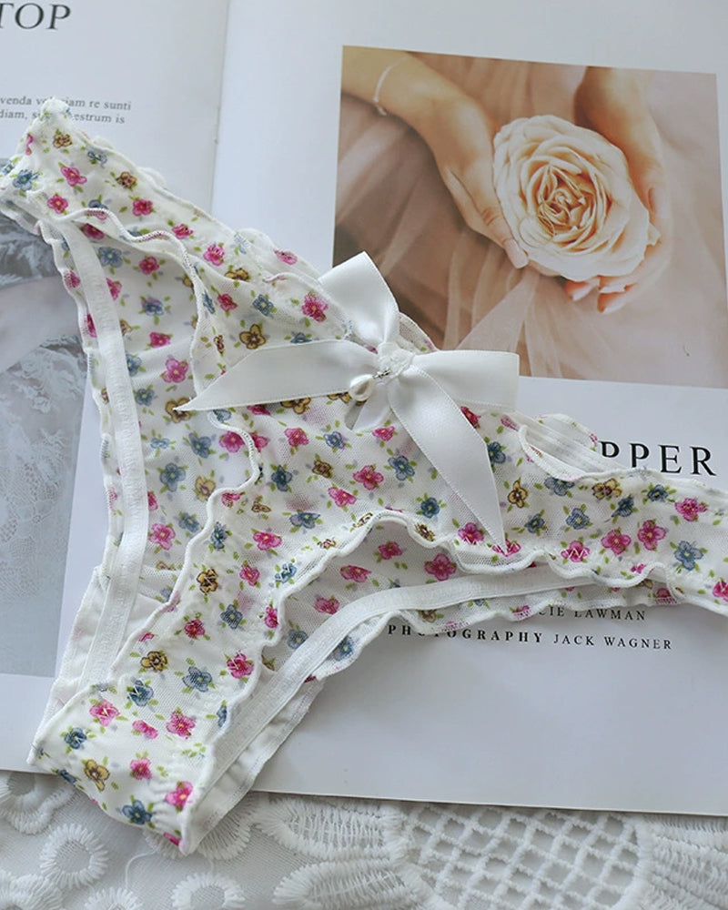 Damen Sexy Mesh Perlen Tanga Niedrige Taille Schleifen Unterwäsche