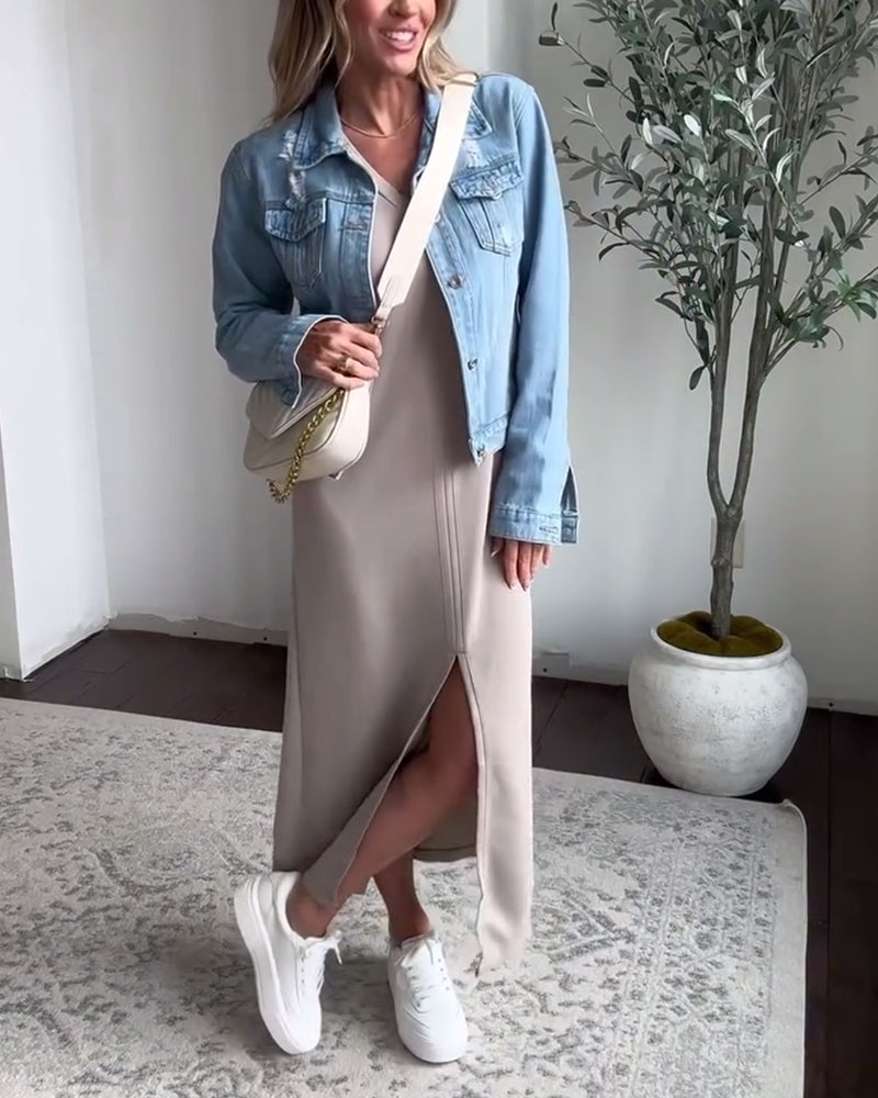 Kleid V-Ausschnitt Ärmellos Einfarbig Einfach