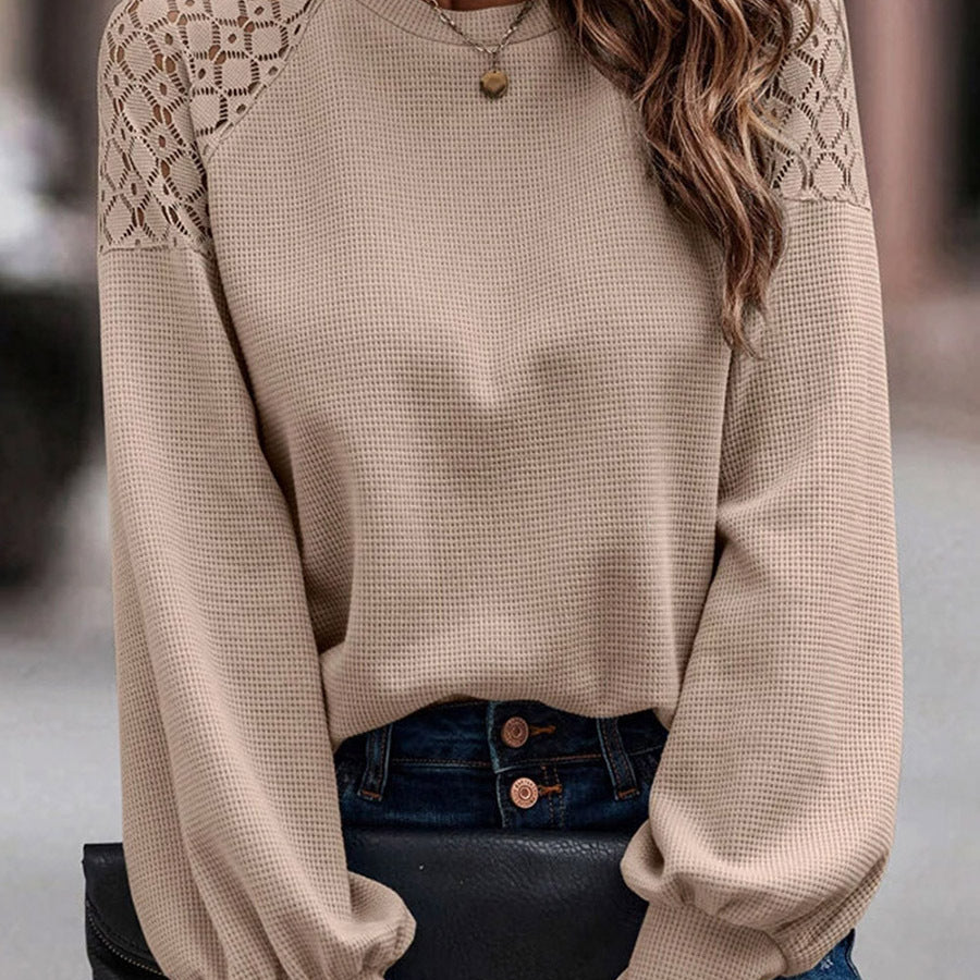 Damen Herbstpullover mit Spitzenbesatz, Langarm, regulärer Passform in Khaki