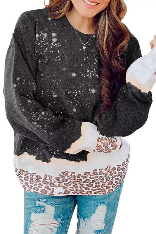 Damen Herbst Pullover mit Leopardenmuster, lockerer Passform, mittlerer Länge und Batik-Details