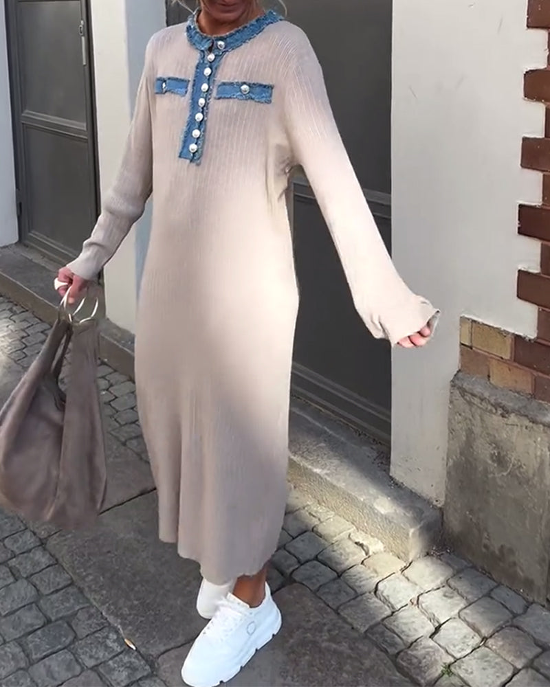 Kleid Denim Patchwork Rundhals Gestrickt