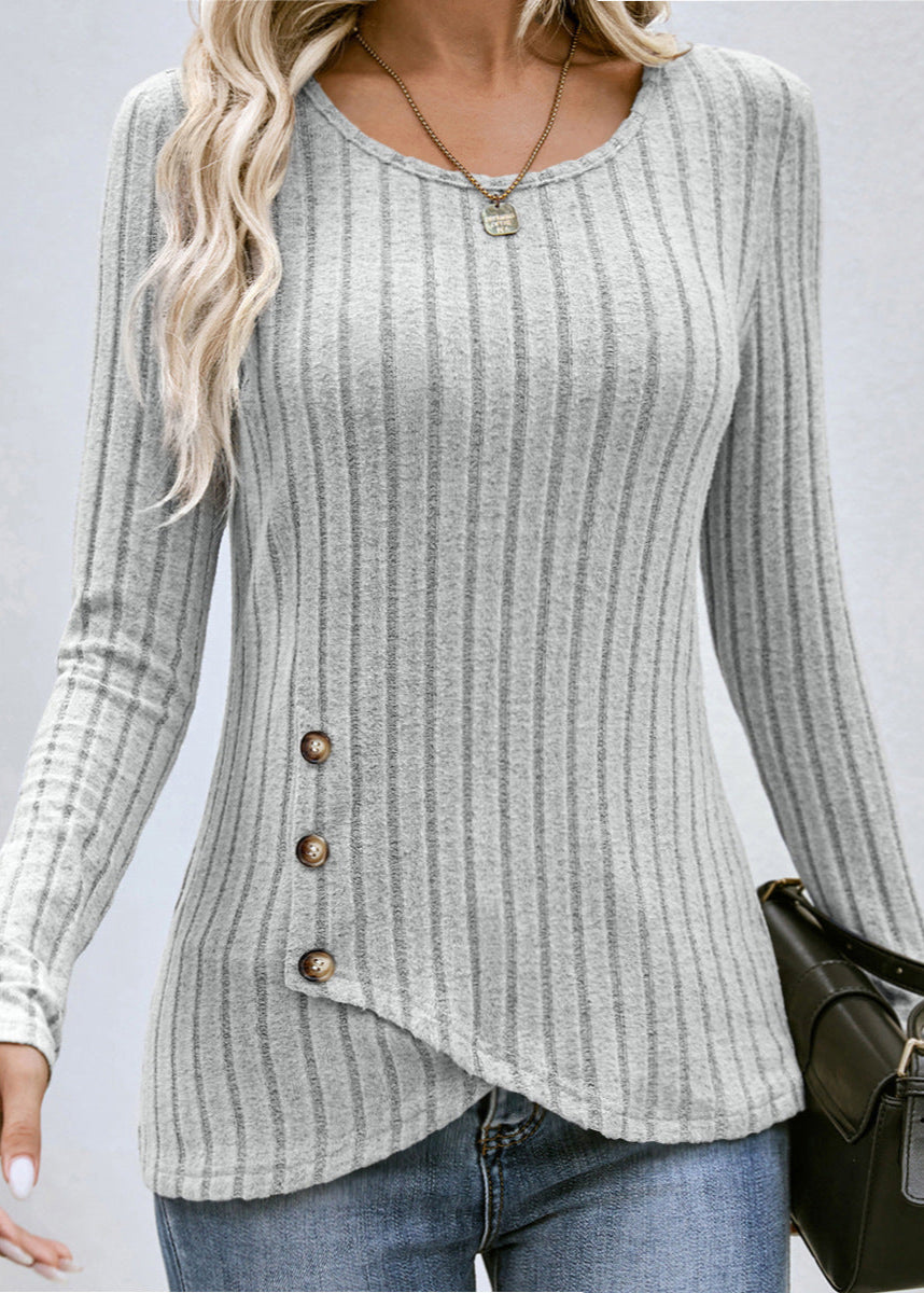 Damen Herbst Slim Fit Pullover Rundhalsausschnitt Knopfdetail Lange Ärmel