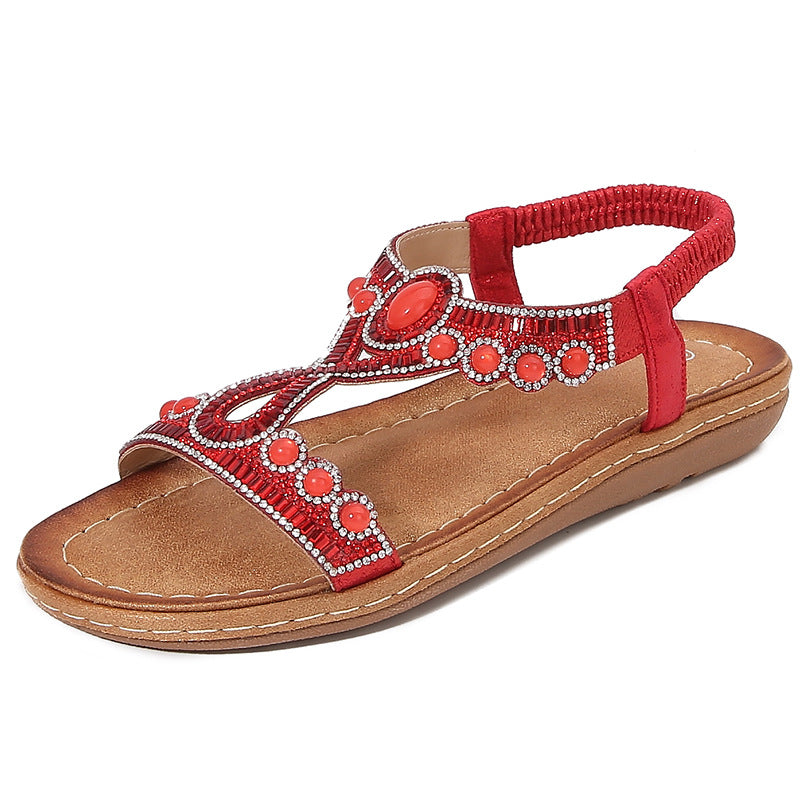 Damen Leder Sandalen mit Boho Kristall Riemen
