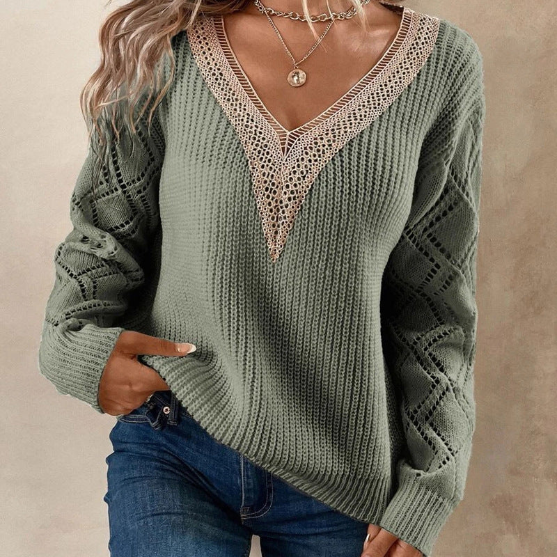 Damen V-Ausschnitt Langarm Strickpullover