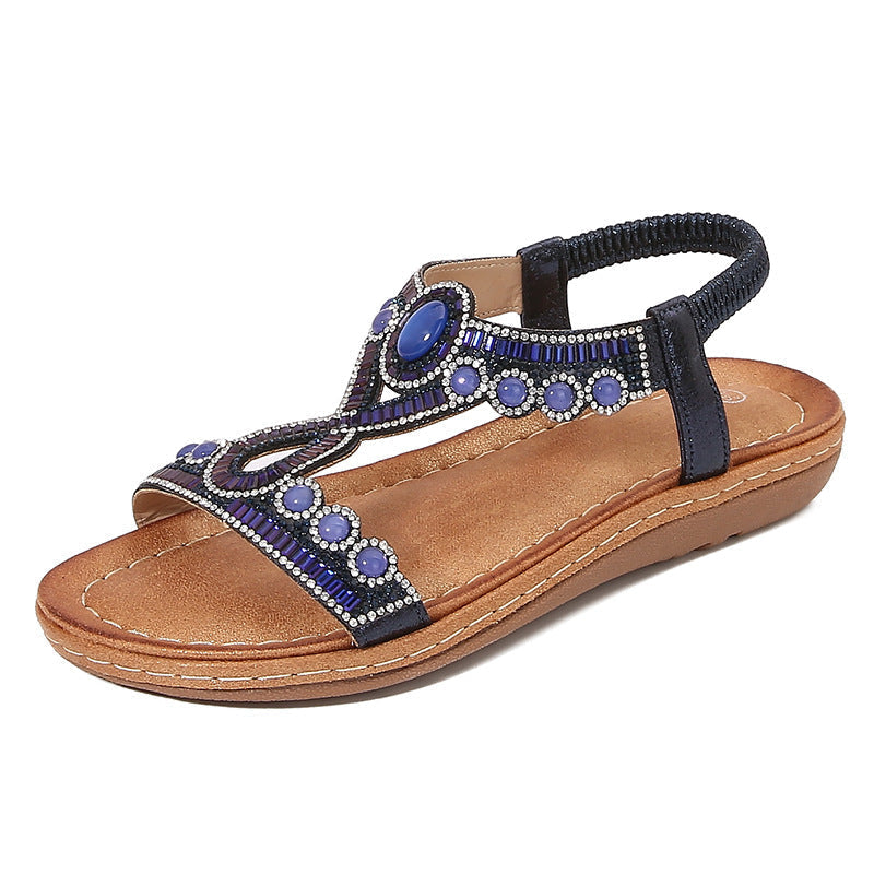 Damen Leder Sandalen mit Boho Kristall Riemen