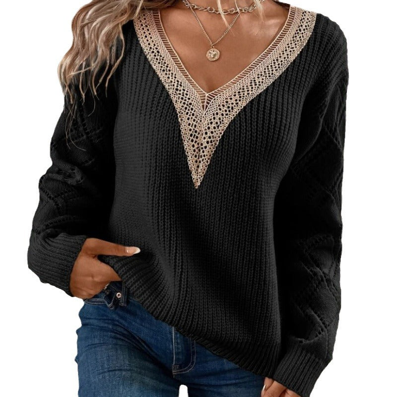 Damen V-Ausschnitt Langarm Strickpullover