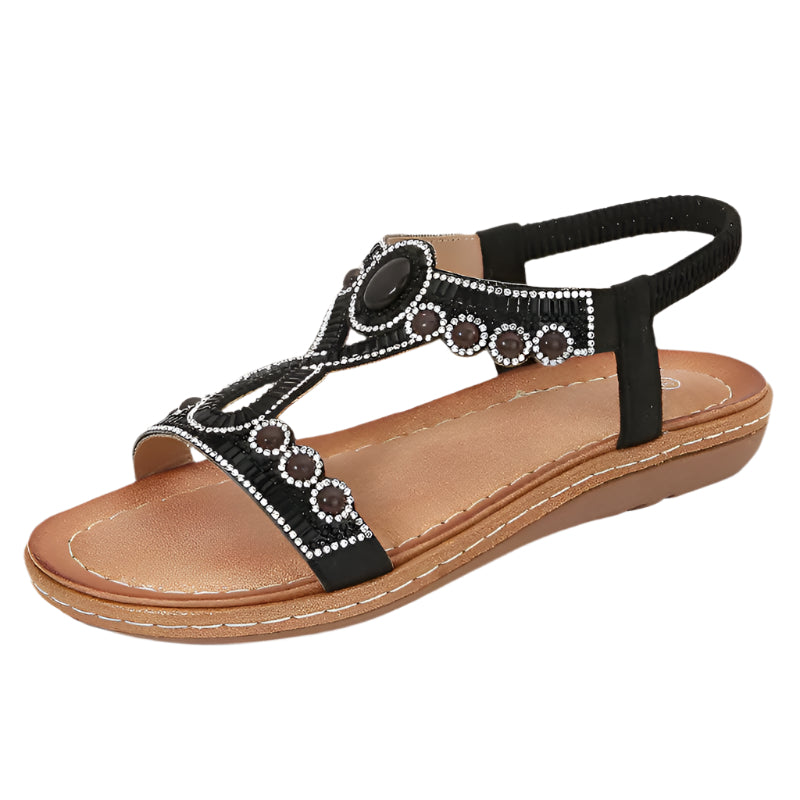 Damen Leder Sandalen mit Boho Kristall Riemen