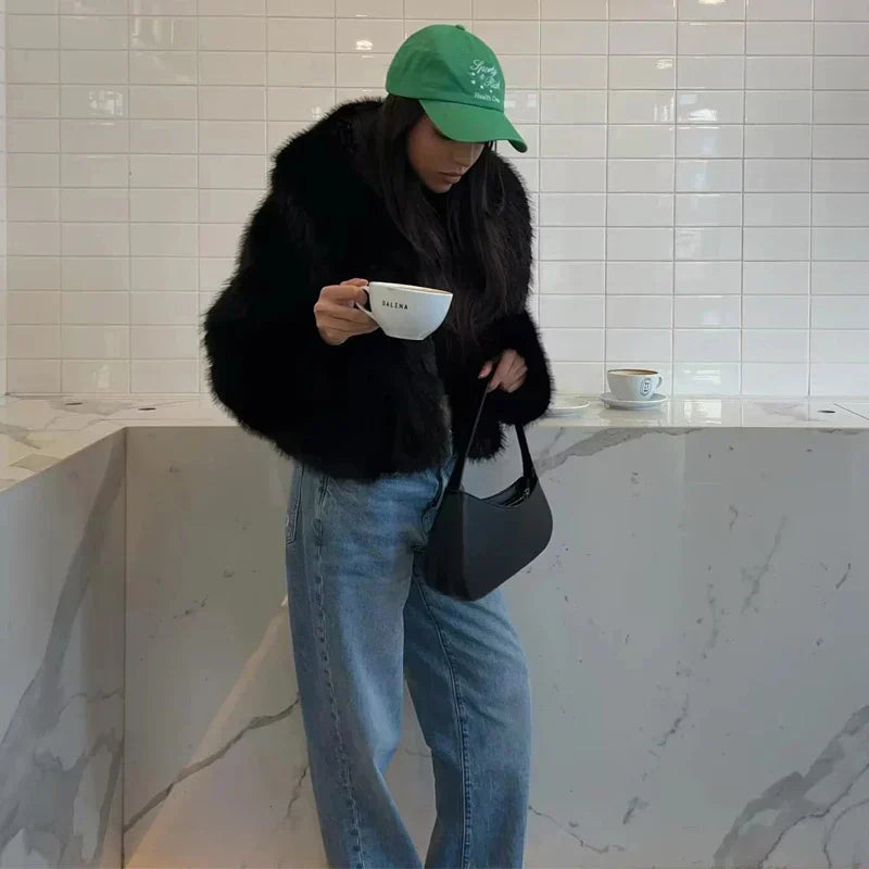 Plüsch-Wintermantel aus Kunstpelz für Damen mit Kapuze und Taschen | Ideal für Herbst/Winter