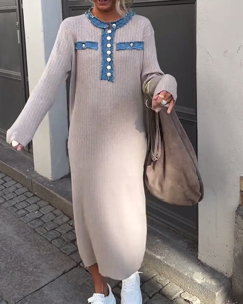 Kleid Denim Patchwork Rundhals Gestrickt
