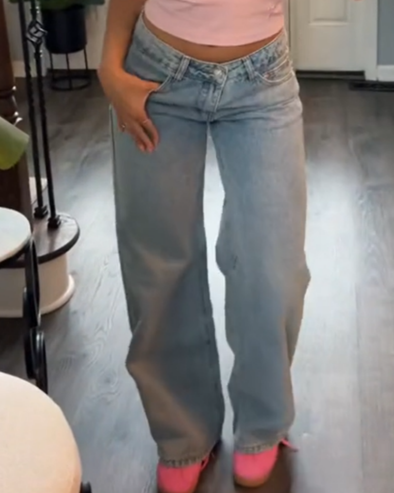 Lässige Verwaschene Jeans mit Weitem Bein und Bestickter Schleifentasche Passend zu Allen Outfits