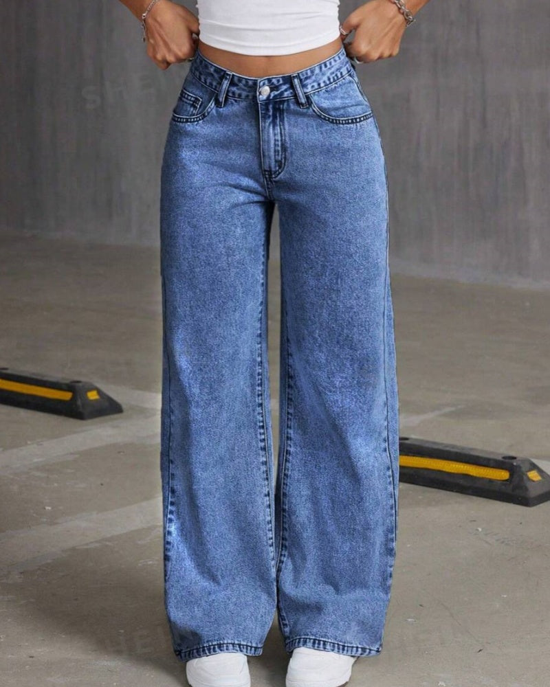 Lässige Verwaschene Jeans mit Weitem Bein und Bestickter Schleifentasche Passend zu Allen Outfits
