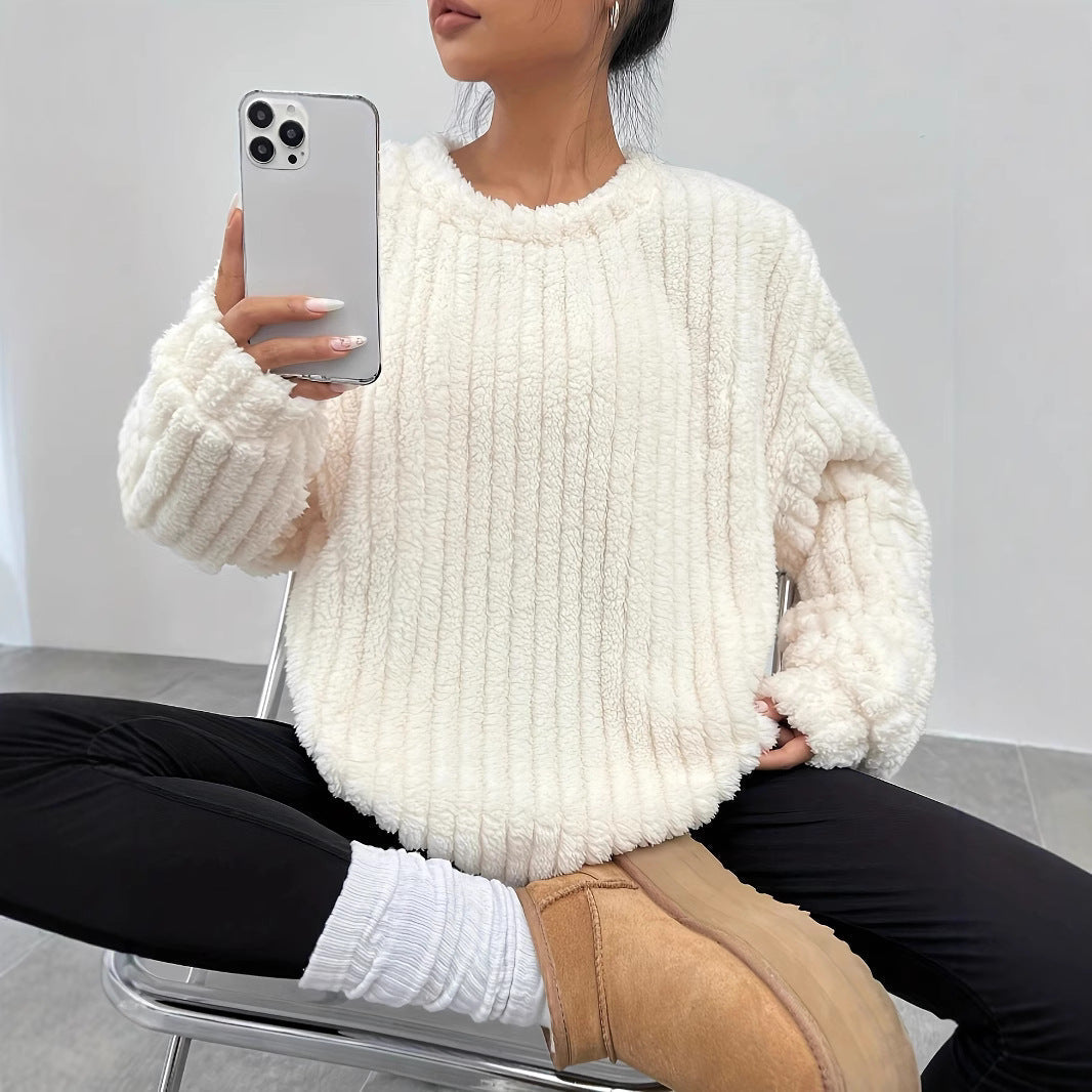 Damen Herbst-Flanellpullover mit Langarm und Fellbesatz in Weiß